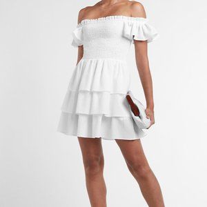 White Smocked Ruffle Off the Shoulder Dress